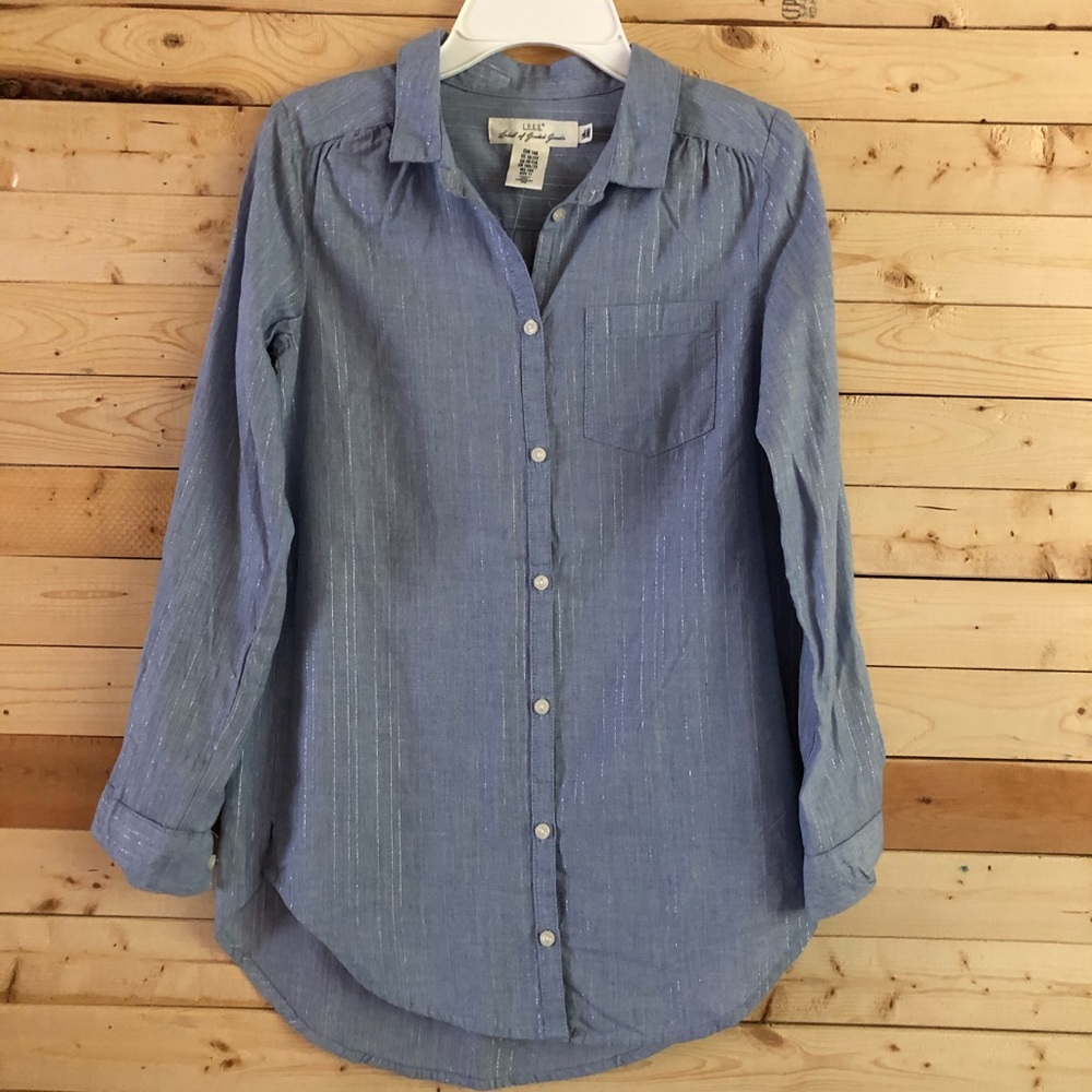 H&M Blue Metallic Silver long sleeve Button Up Girls top NWT kids size 10